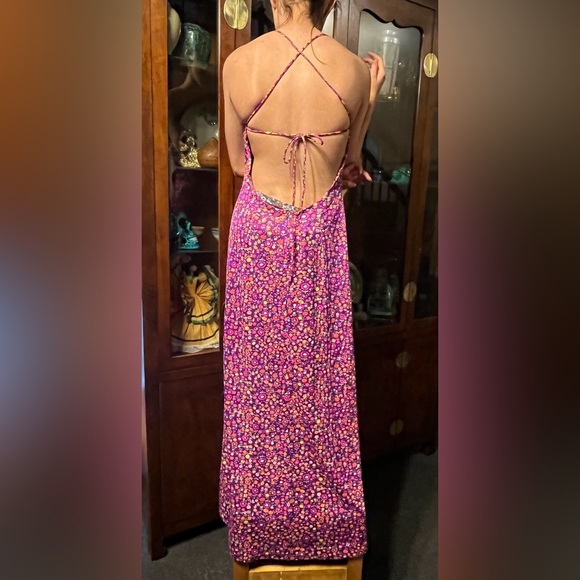 Vtg 70s Disco Hippie Maxi Dress Halter Low back Pink floral psychedelic - Picture 5 of 10